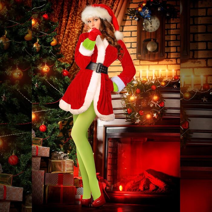Костюм Діда Мороза Funtery для жінок, 5-ти частинний: сукня з поясом, шапка, смугасті панчохи, рукавички, жовтого та зеленого кольорів