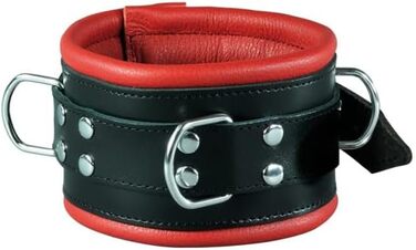 Набір для фіксації Bondage з широкими ремінцями 8 см, шкіра, з м'якою підкладкою (ручні та ножні кайдани + нашийник), червоно-чорний колір, преміум-якість
