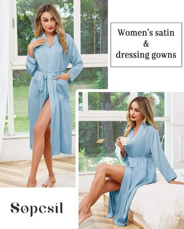 Сatinний халат для жінок, довгий, легкий, з V-подібним вирізом, для вечірки, весілля, сну, кольору небесно-блакитний, розмір L