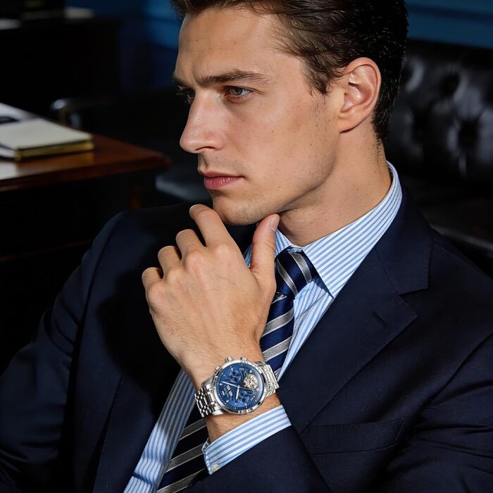 Чоловічий наручний годинник OLEVS Chronograph зі шкіряним ремінцем, японський кварцовий механізм, водонепроникний, класичний елегантний дизайн з датою (7088 Срібло/Синій)