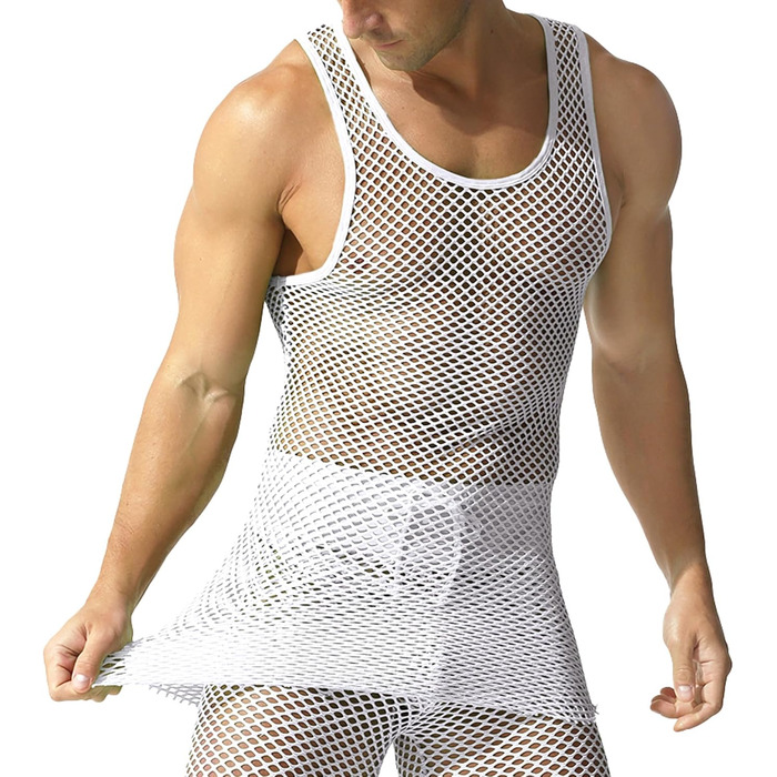 Чоловіча сітчаста футболка QiaTi з довгим рукавом, прозора, мереживна, біла