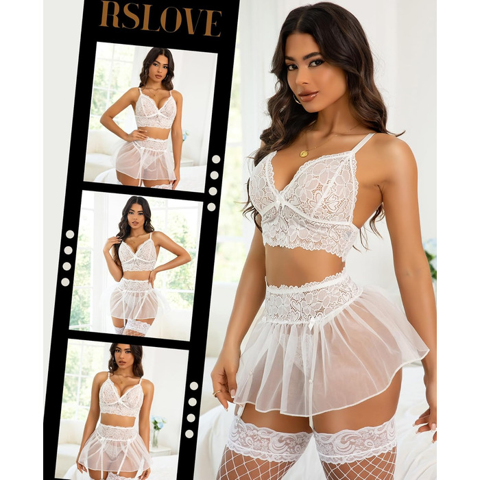 Жіночий комплект спідньої білизни RSOVE: мереживний топ-бюстгальтер, міні-спідниця з мереживом та стрінги. Розмір M, білий