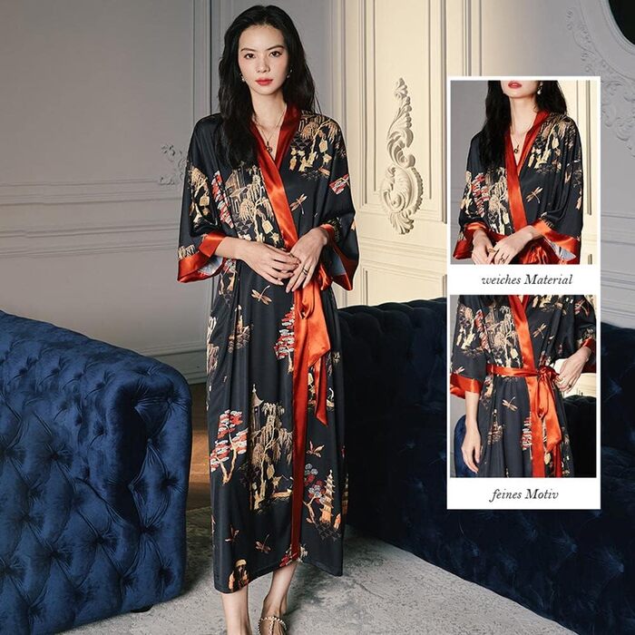 Легкий жіночий халат-кімоно з атласу, сауна, ванна, спа. Чорний, червоний, універсальний розмір.