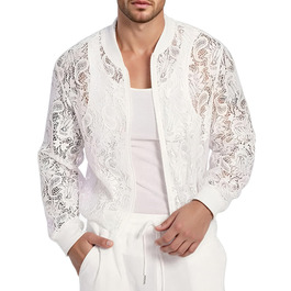 Чоловіча мереживна куртка AIEOE, мереживна сорочка, сітчаста верхня частина, прозора базова сорочка для вечірок, клубного одягу, карнавалу (M, білий)