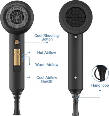 Іонний фен для волосся slopehill 1800W з AC-мотором, набір з дифузором та стилізуючою насадкою, 3 температурних та 2 режими обдуву, для дому та подорожей (Графітовий чорний)