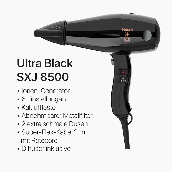 Професійний фен для волосся Valera Swiss Silent Jet 8500 Ultrablack, 2000 Вт, з іонізатором та двигуном PM-Pro