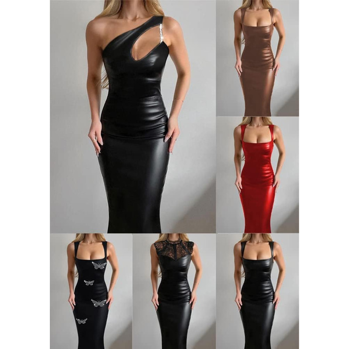 Чорне облягаюче сукня-олівець з еластичної шкіри для жінок, Bodycon, без спинки, міді, для вечірок та клубів, з PU шкіри, розмір XXL