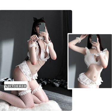 Костюм для косплею Томорі: Милий кіт, жіночий, сексуальний, відкрита груди, Лоліта, японський стиль, нічна сорочка, білий