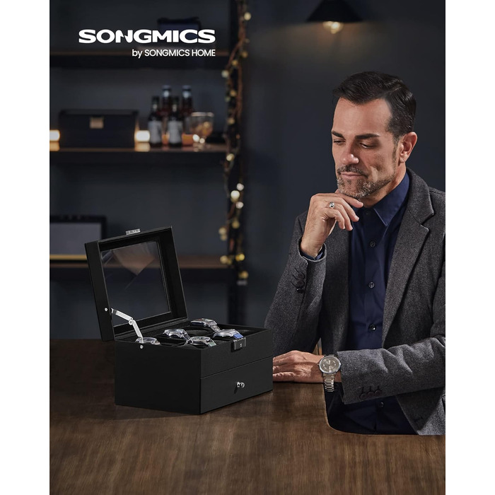 Бокс для годинників SONGMICS на 20 позицій з двома рівнями та скляною кришкою, чорний (PU-шкіра, оксамит) JWB020B01