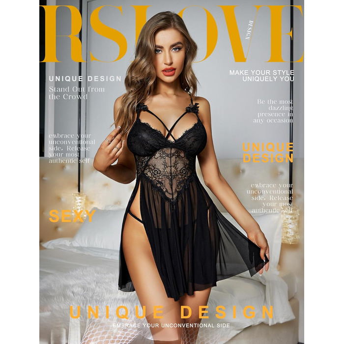 Жіноча мереживна піжама-сорочка RSLOVE, чорна, розмір M