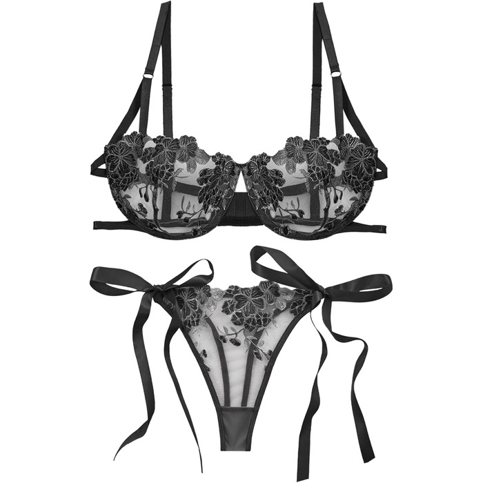 Сексуальна жіноча білизна Maeau: комплект бюстгальтера та танга з мереживом, мережаний прозорий трусики, пуш-ап, чорний, S-XL