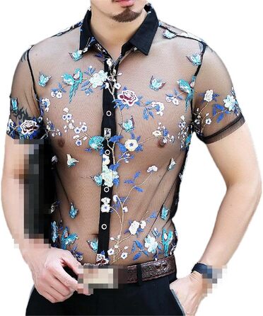 Чоловіча літня сорочка Deepsko з мереживом та квітковим візерунком, прозора, розмір EU S (50-65 кг)