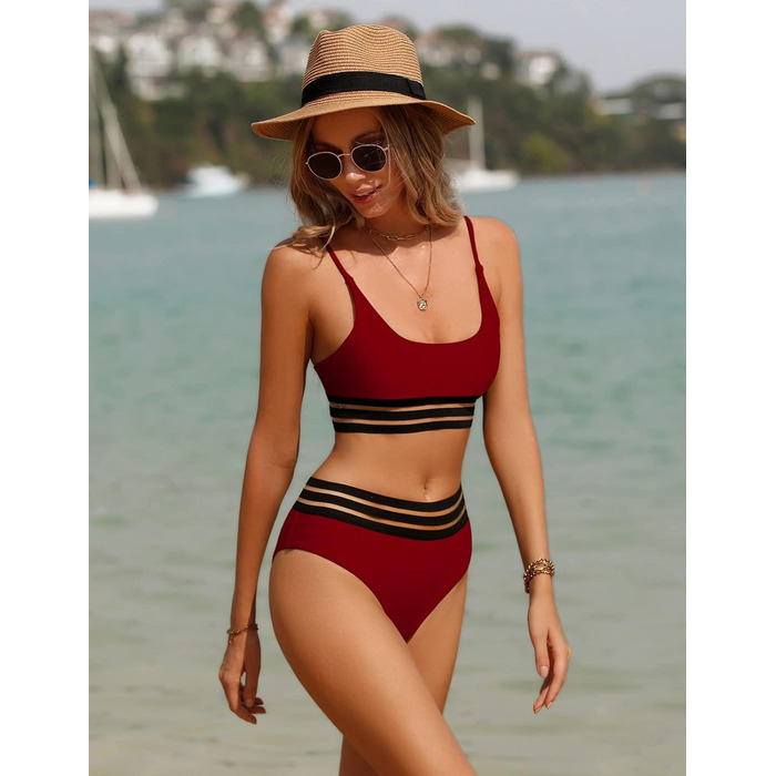 Бікіні Daen Bikini Set: двочастинний купальник пуш-ап з високою талією, спортивний дизайн, для жінок (L, Бордовий)