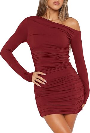 Жіноче облягаюче плаття ELFIN з трикотажної тканини, довгим рукавом, міні, на бретельці, з драпіруванням, для вечірок, клубів, повсякденного носіння (Бордовий, XL)