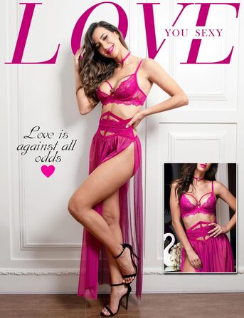 Сексуальний жіночий комплект спідньої білизни LOVE YOU з мережива: бюстгальтер, пояс, прозорий мереживний халат та стрінги (80B, Рожево-фіолетовий)