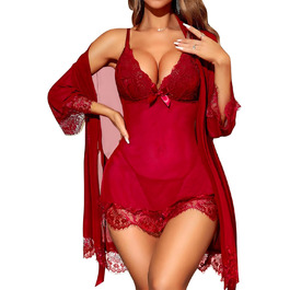 LILIIN Комплект жіночої нічної сукні та халата з мережива, сексуальний бабідол – чорний, червоний