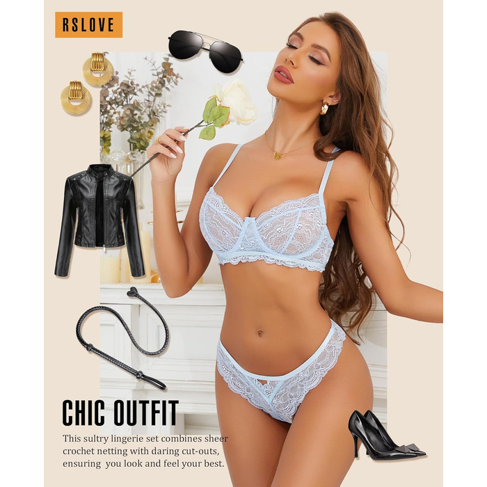 Комплект жіночої білизни RSLOVE: мереживний, прозорий, 2-частинний (топ і труси), колір блакитний