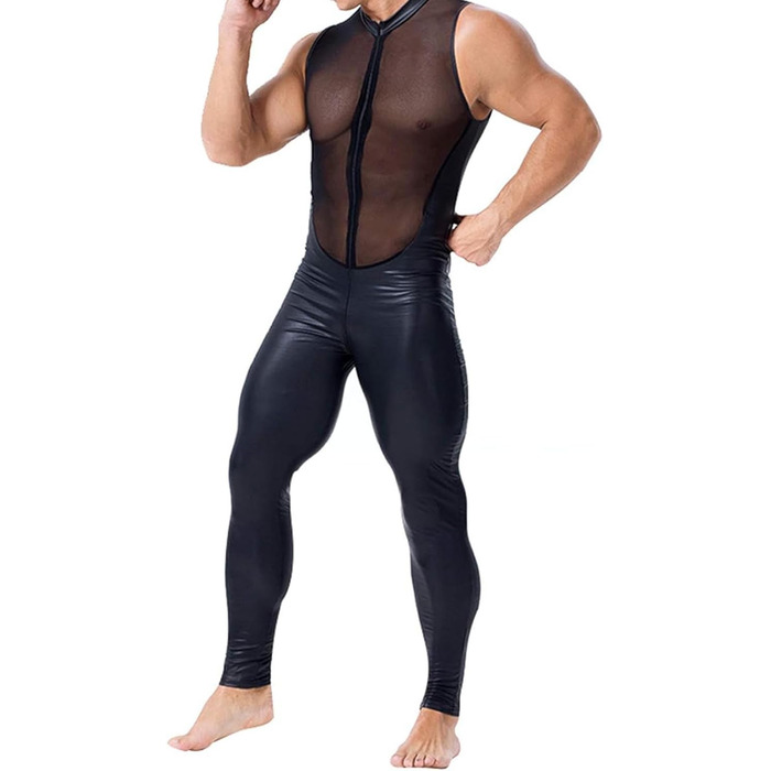 Боді з латексу для чоловіків, чорний, XL. Латексний костюм з сіткою, цілісний, з довгими рукавами, для клубів, штучна шкіра.