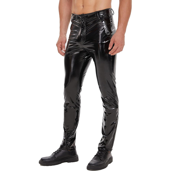 Чоловічі шкіряні штани Xokesy з блискучої шкіри, сексуальний вигин з блискавкою, еластична PU-шкіра, прямі, повсякденні штани для костюмів, косплею, нічного клубу (38, чорний)