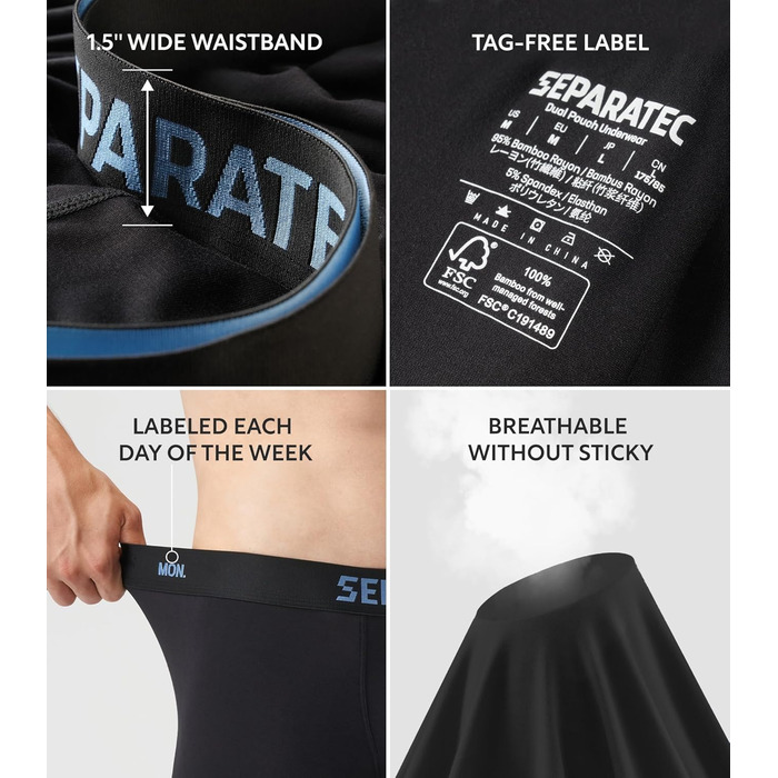 Боксерки чоловічі Separatec 7 шт. з подвійним мішечком, бамбукові, дихаючі, м'які (S, кольори: сіро-блакитний/темно-синій/оливковий/чорний/темно-сірий/темно-фіолетовий/сіро-ліловий)