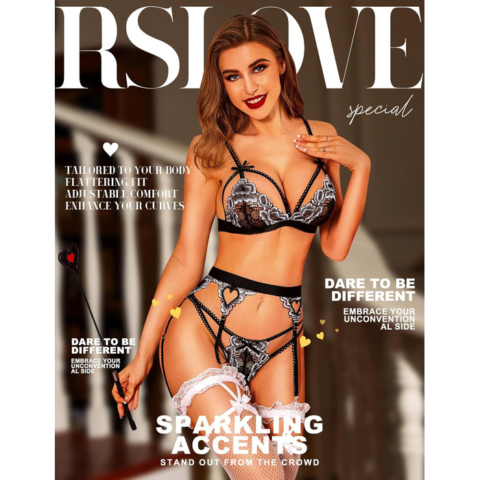 RSLOVE Daen Dessous Set - 3-частинний комплект спідньої білизни з мережива, тіло, боді, чорний, червоний (M, чорний Remix, срібло)
