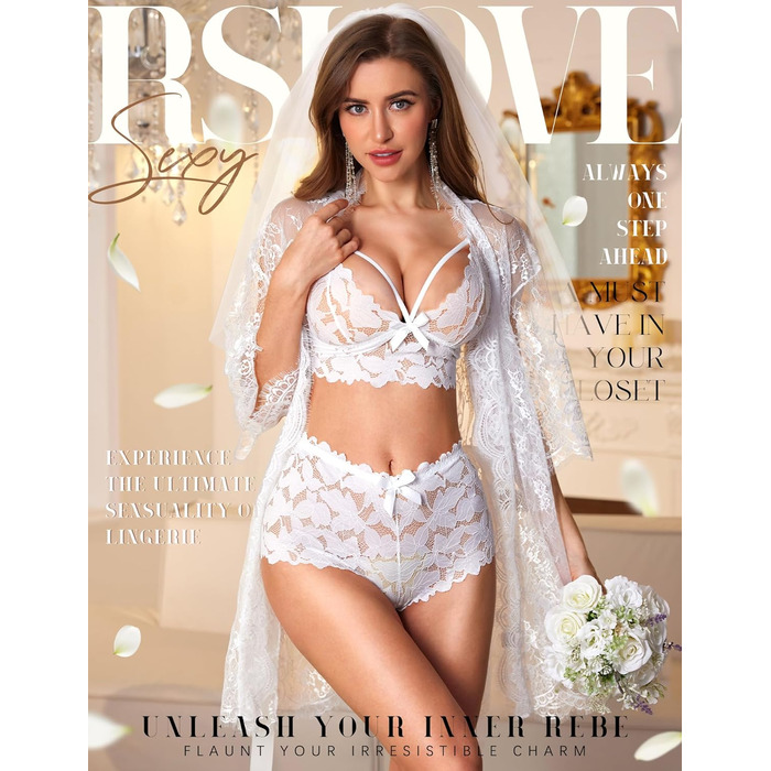 RSLOVE Комплект спідньої білизни: мереживний бюстгальтер та труси (XXL, білий)