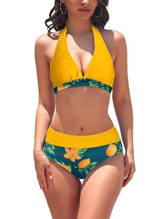 Жіночий купальник бікіні Damen Triangel Yellow Lemon з квітковим малюнком та шнурівкою