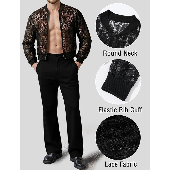 Чоловіча мереживна куртка AIEOE з довгим рукавом, сітчаста сорочка, топ для вечірок, клубної моди, прозора блейзер, сітчаста сорочка для нічного клубу, карнавалу, чорного кольору