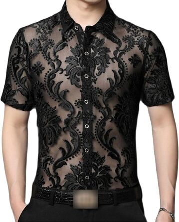 Чоловіча сорочка Yeuyyben з прозорою вставкою, літня, з короткими рукавами, чорна, XL