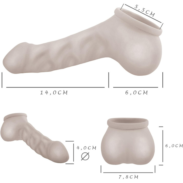 Латексний пеніс-чохол TOYLIE з презервативом, 14 см, напівпрозорий, з мішком та вираженою головкою, MADE IN GERMANY