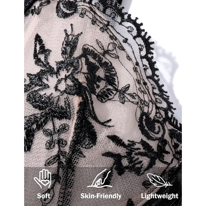 FEOYA Комплект бюстгальтера та трусиків push-up з мереживом та вишивкою, чорний, XL