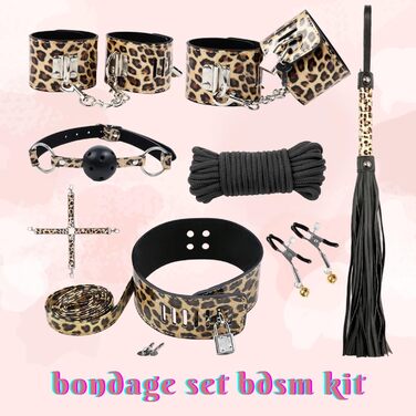 Набір для БДСМ з екошкіри Leopard Print (8 предметів): наручники, пітч, обручі, мотузка, ніпель-кліпси