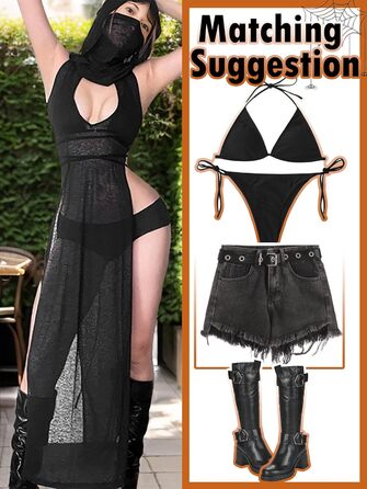 Прозора готична сукня Mingnos для рейв-вечірок, чорна з вирізами, з високим розрізом, для EDM фестивалів, клубів та вечірніх виходів. Розмір L