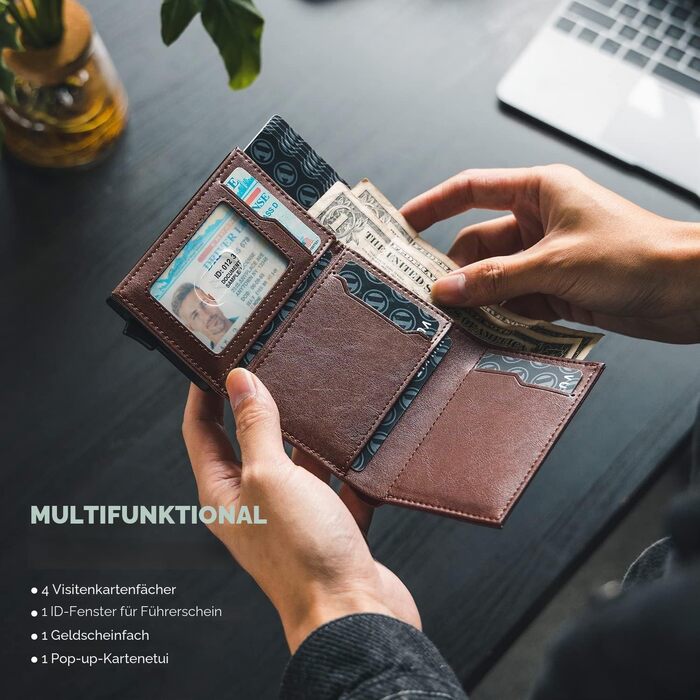 Шкіряний чоловічий картхолдер VULKIT з Pop-up механізмом, RFID-захистом, відділенням для купюр та вікном для ID, колір Espresso