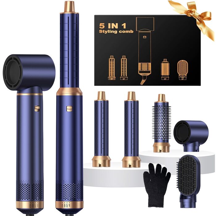 Мультистайлер для волосся 5 в 1 UKLISS Airstyler: фен, вирівнювач, гофре та круглі щітки для укладки, чорний з синім