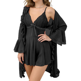 Жіночий комплект білизни AIEOE: мереживний халат-бандаж, нічна сорочка, babydoll, чорний