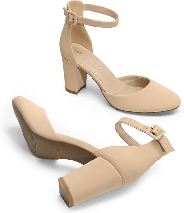 Жіночі весільні туфлі-човники DREAM PAIRS на стійких підборах з ремінцем на щиколотці, нубук, колір бежевий (Nude), розмір 39 EU