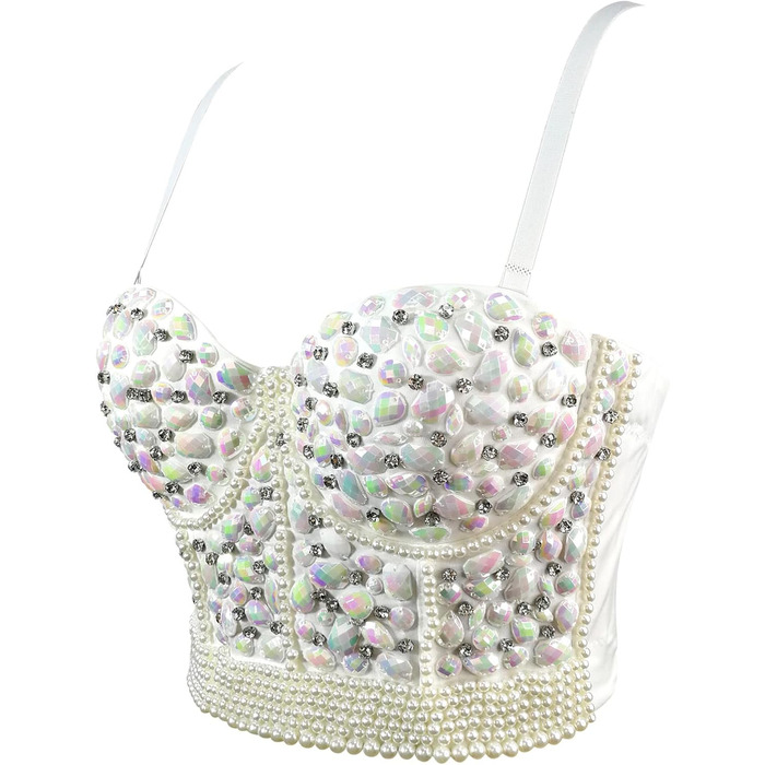 Жіночий бюстгальтер Push Up з корсетом, готичний стиль, стрази, діаманти, Cubwear, для вечірок, з регульованим ремінцем (L, білий)