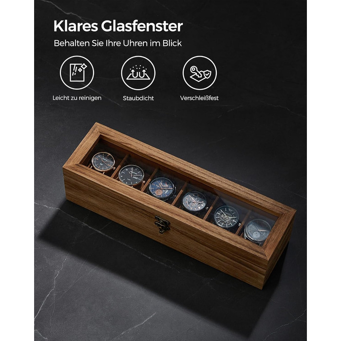 Бокс для годинників SONGMICS на 6 слотів з натурального дерева, шкатулка з кришкою зі скла та подушками, колір горіх, JOW006K01