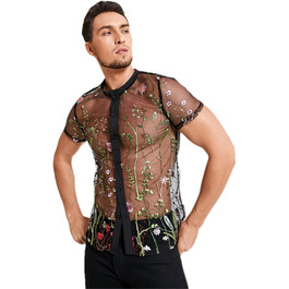 Чоловіча сітчаста сорочка з вишивкою, прозора, на кнопках, дихаюча, для вечірок та клубів, чорна XL