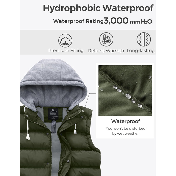 Чоловічий зимовий жилет Wantdo Outdoor з капюшоном, стібаний безрукавник, колір армійський зелений, розмір M