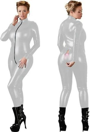 Костюм-боді LIUPENGKUUUNWING з еластичної шкіри, великий розмір, довгі рукави, блискавка спереду, для pole dance та косплею (срібний, XL)