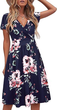 Сукня жіноча літня VotePretty з коротким рукавом, V-подібний виріз, обгортка, довжина до коліна, з кишенями, квітковий принт Floral01