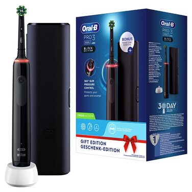 Електрична зубна щітка Oral-B Pro 3 3500 Edition, чорна, з дорожнім футляром та набором насадок (3 шт.)