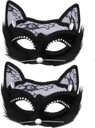 Маска котячого обличчя Holibanna для Хелловіну, 8 шт. - чорна маска, маска для карнавалу, плюшеві маски з мереживом