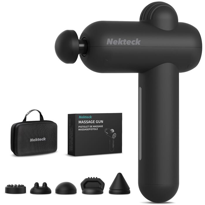 Перкусійний масажний пістолет Nekteck для спортсменів, ручний глибокий масажер м'язів з 5 рівнями швидкості та 6 насадками, темно-сірий