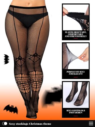 Чулки сітчасті жіночі великих розмірів Jadive 6 пар, 6 шт. Чорні, з черепом, з стріжками, XL-XXXXL