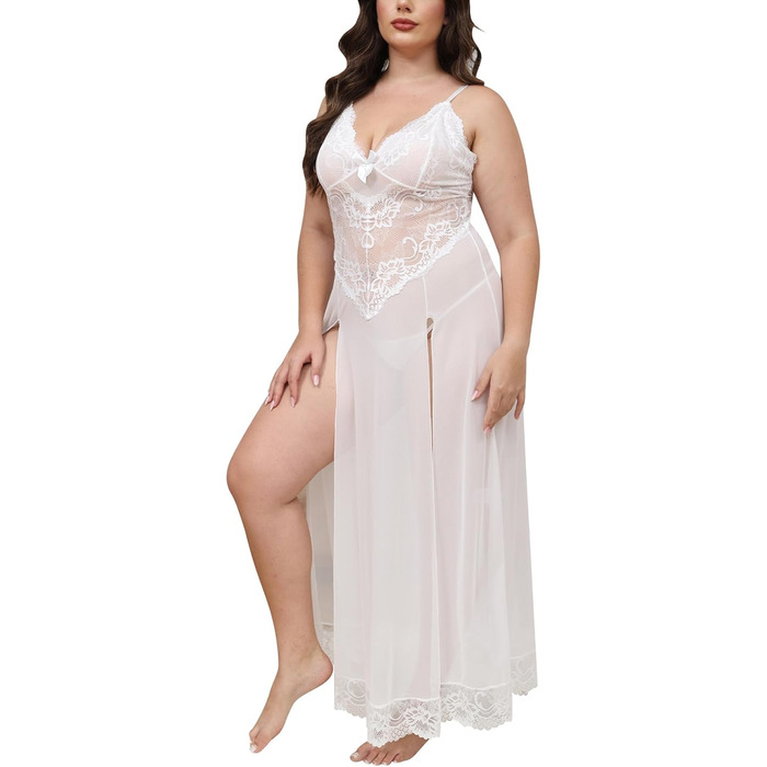 IBAKOM Ніжне мереживне нігліжє з V-подібним вирізом для жінок великих розмірів. Комплект спідньої білизни з G-стрінгом, піжама, сексуальна нічна сорочка, великий розмір (4XL, білий)