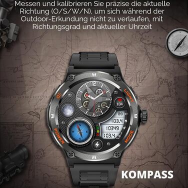 Смарт-годинник findtime Military: міцний тактичний годинник з компасом, LED-ліхтариком, функцією дзвінків та моніторингом серцебиття для Android та iOS, чорний
