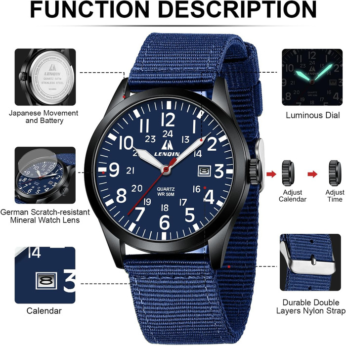 Чоловічий тактичний годинник Military Quartz: водонепроникний (3ATM), аналоговий кварцовий годинник з календарем та нейлоновим ремінцем, синій